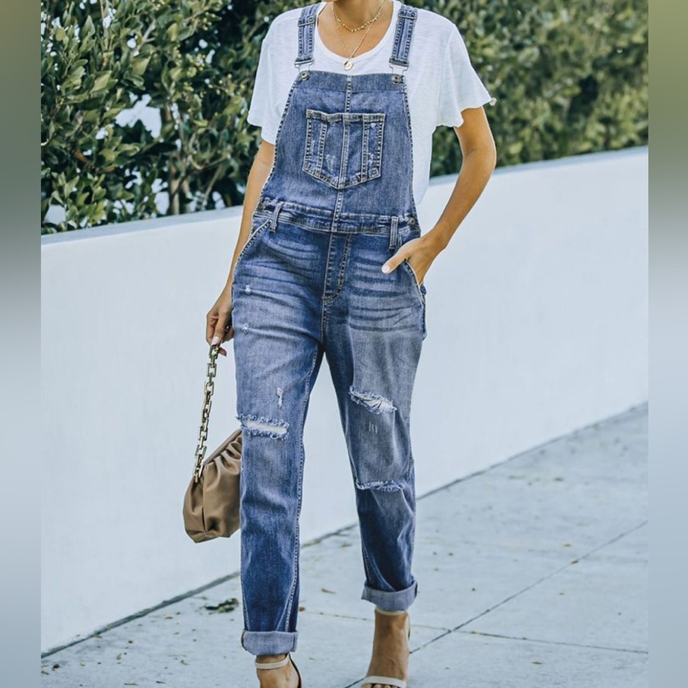 Distressed Denim Overalls with Pockets